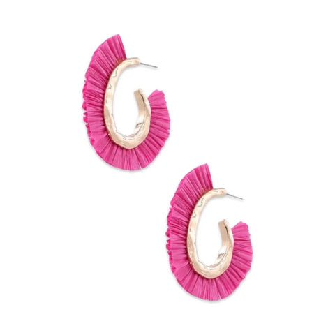 Raffia Fringe Hoop Earrings - Hot Pink