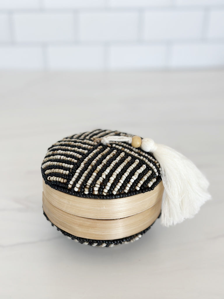 Balinese Beaded Trinket Box- Black/Taupe Small Stripes