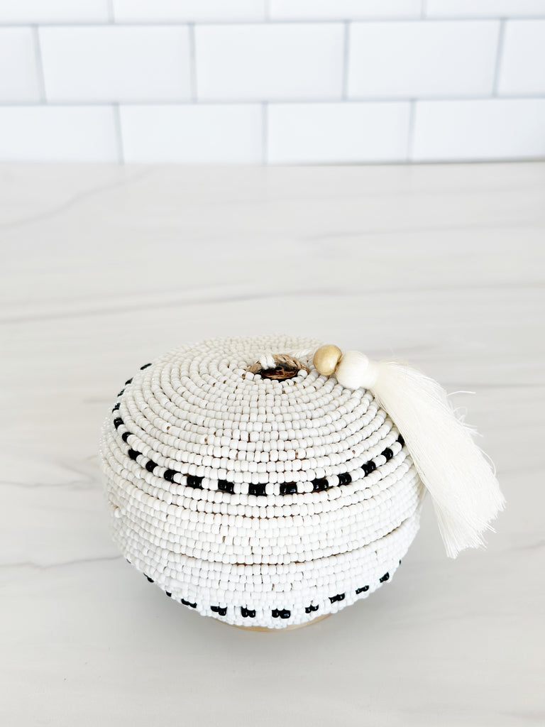 Balinese Beaded Trinket Box-White with Black/White Border