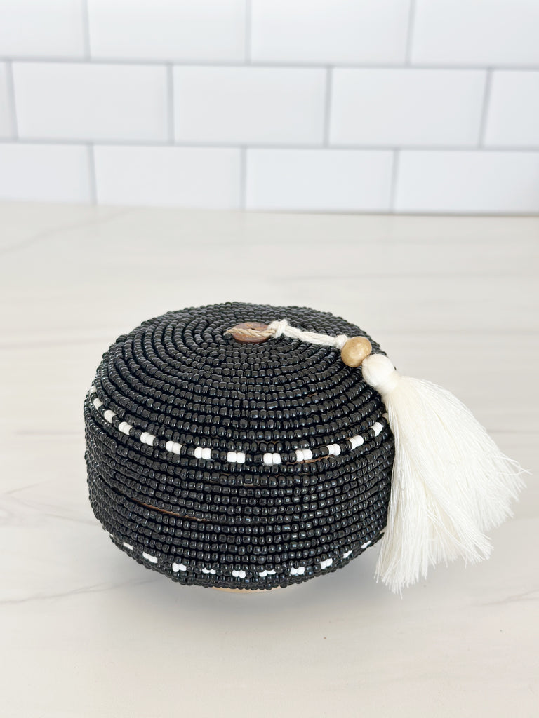 Balinese Beaded Trinket Box- Black with White/Black Border