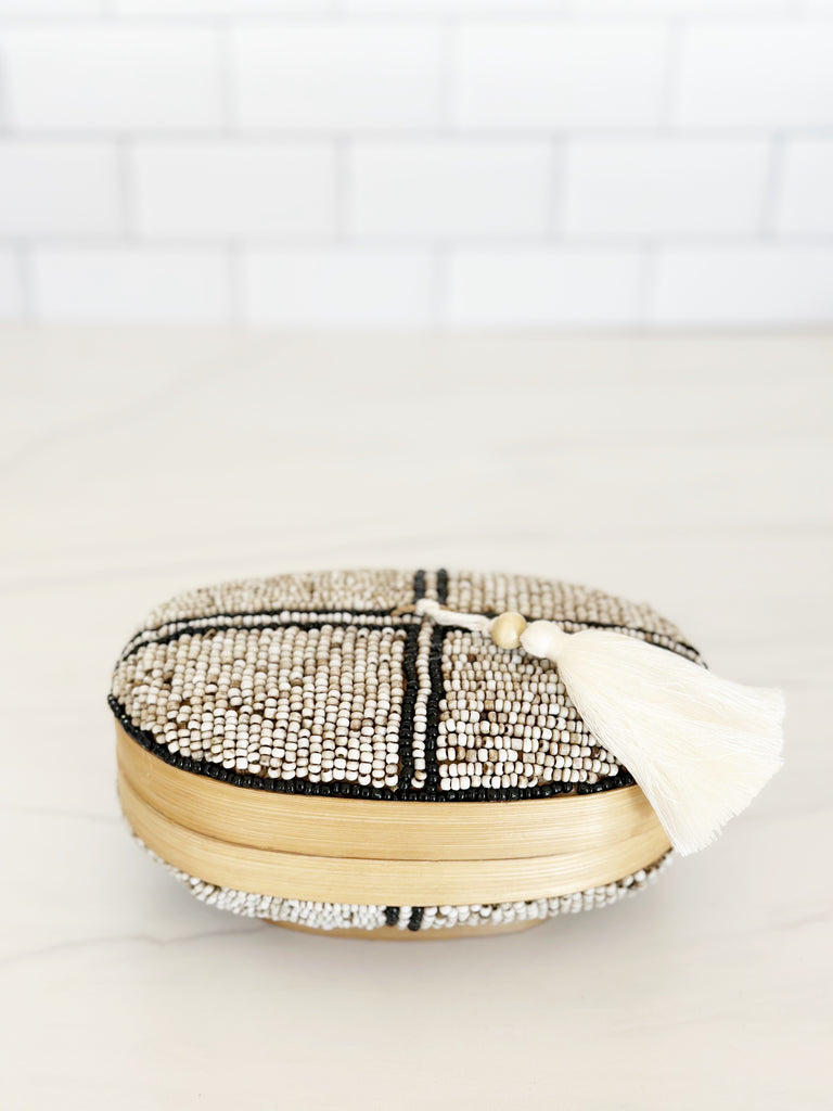 Balinese Beaded Oval Box- Taupe with Black Stripes