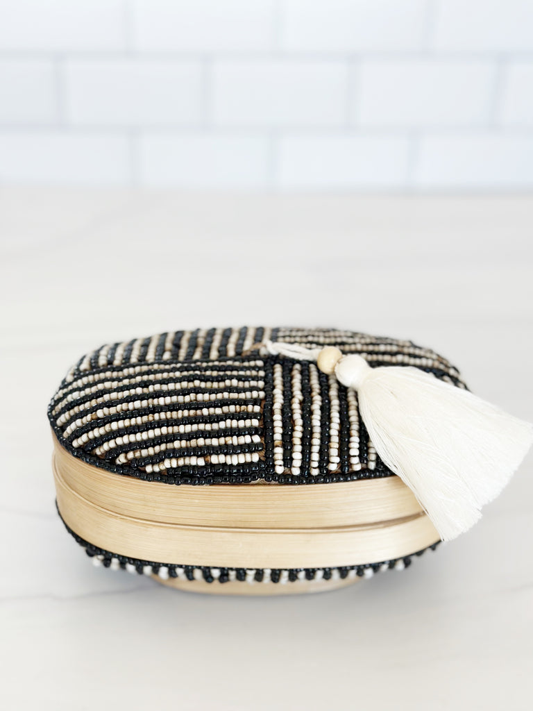 Balinese Beaded Oval Box- Black with Taupe Stripes