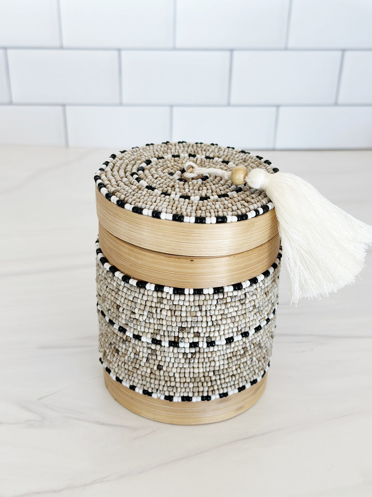 Balinese Beaded Canister-Taupe with Black/White Stripes