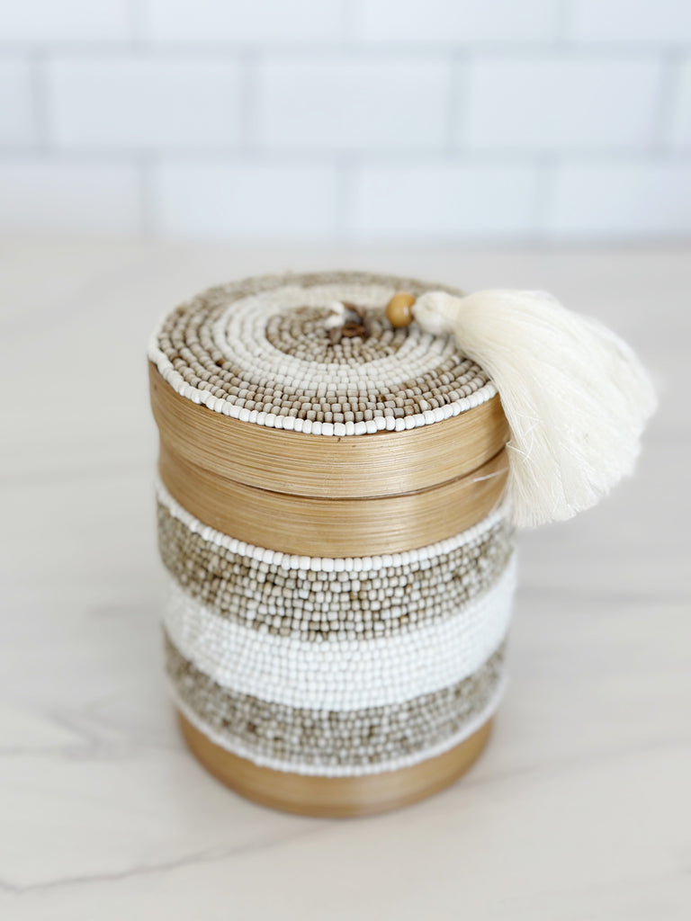 Balinese Beaded Canister-Taupe/White