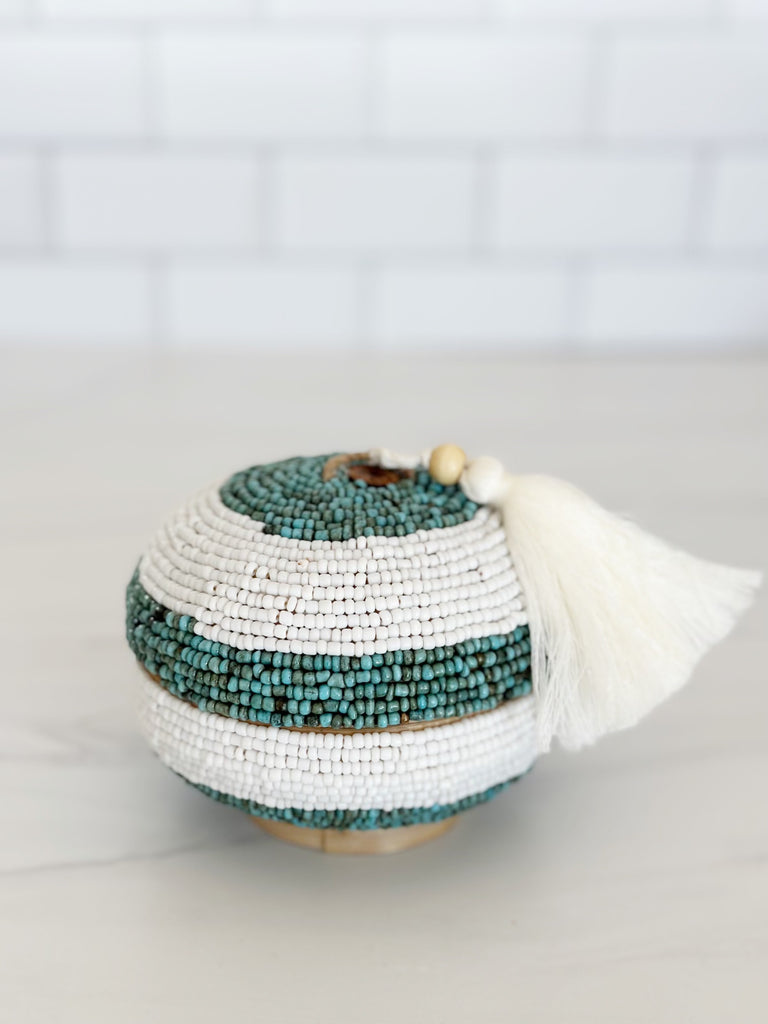 Balinese Beaded Trinket Box- Teal/White