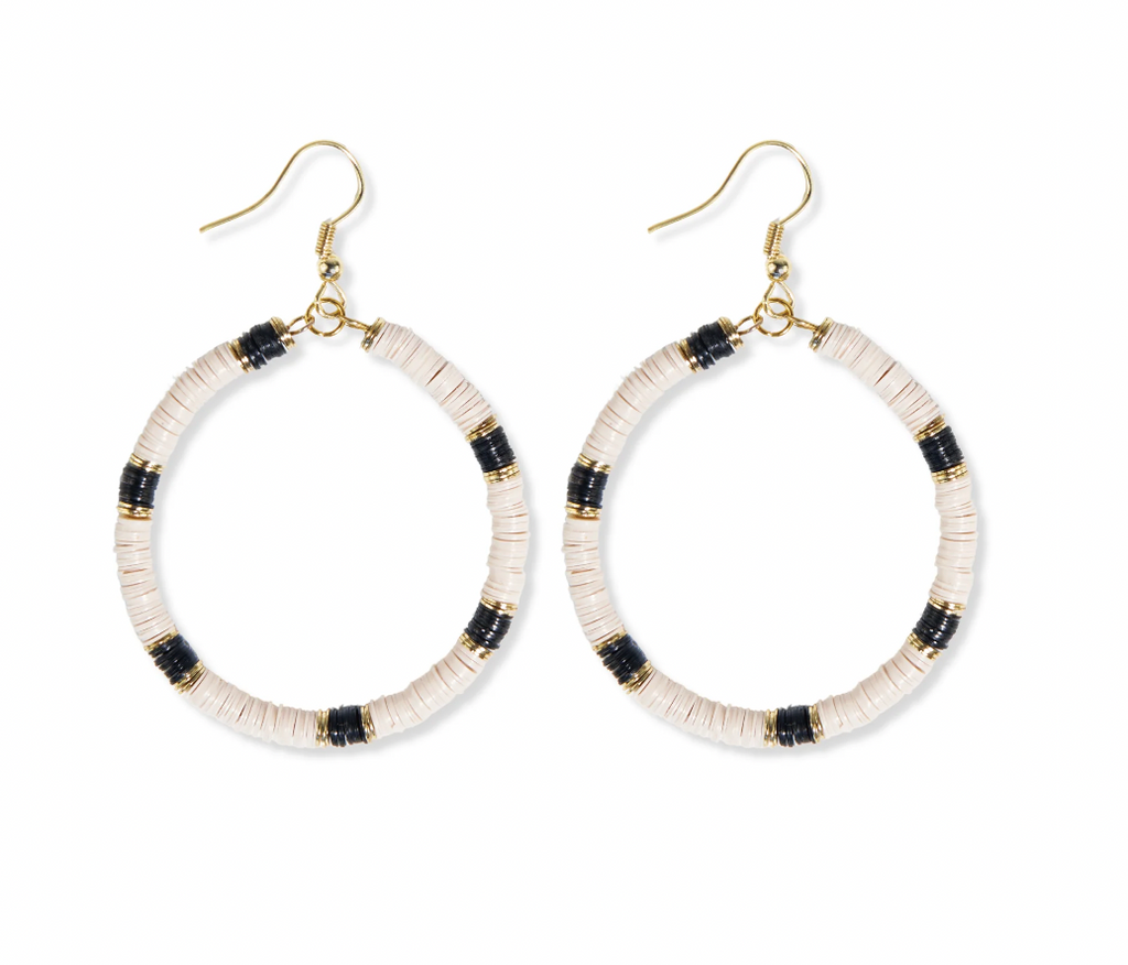 Stripe Cream Block Hoop Earrings - Black