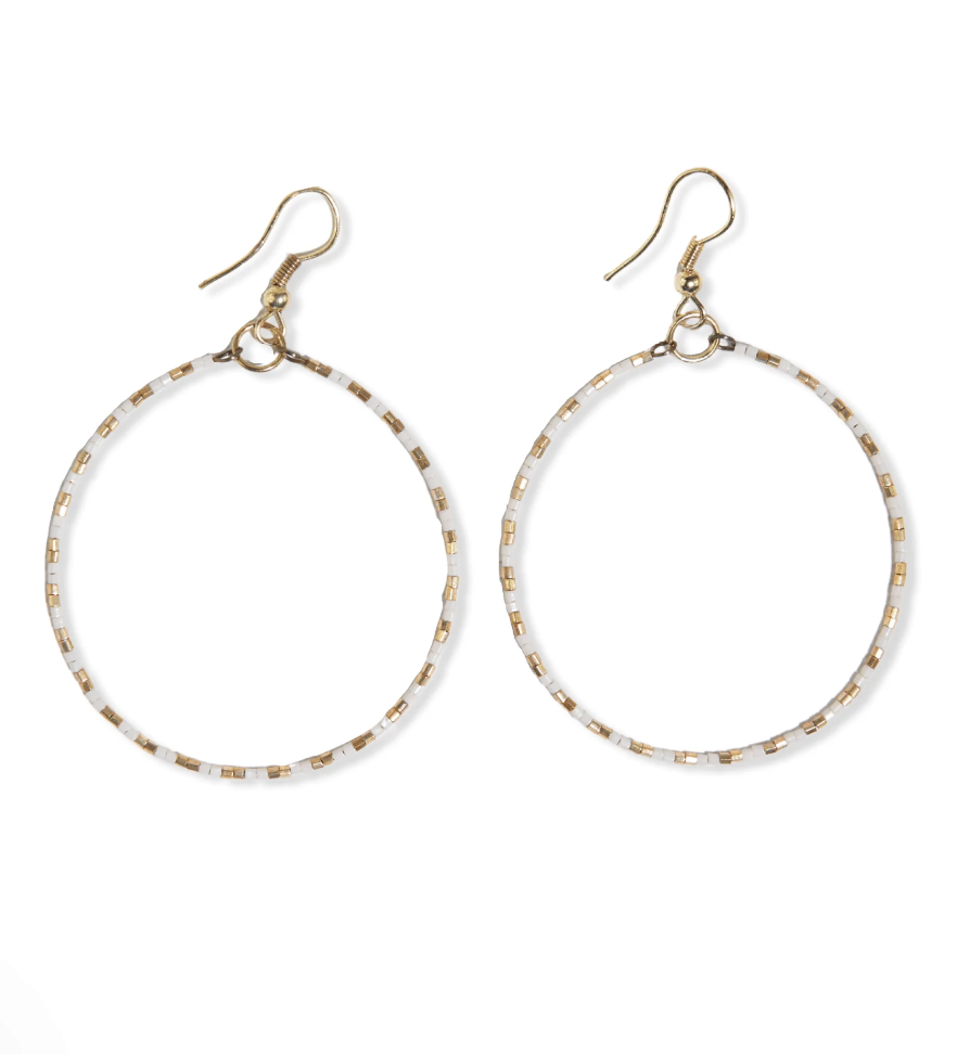 Checkered Beaded Hoop - Cream