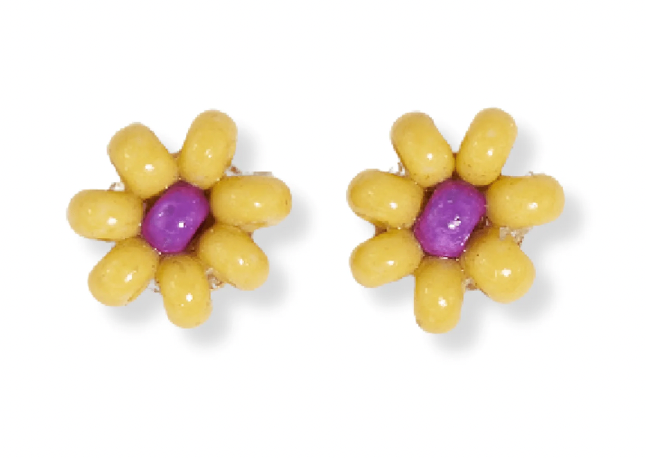 Two Color Beaded Post Earrings - Yellow