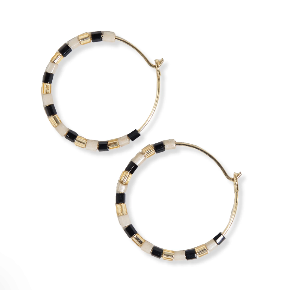 Mixed Beaded Hoop Earrings - Black