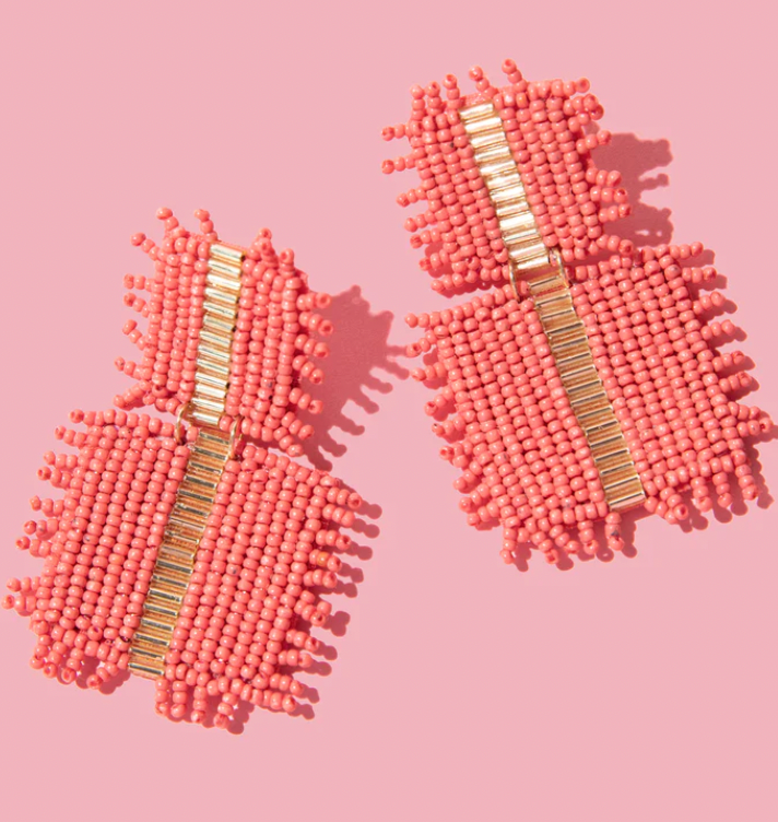 Beaded Square Drop - Coral