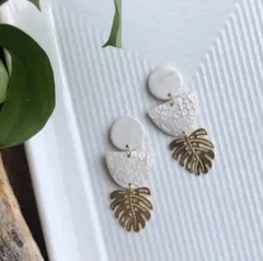 Pearl Monstera Leaf Clay Earrings