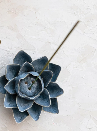 Handmade Stoneware Flower Incense Holder - Blue