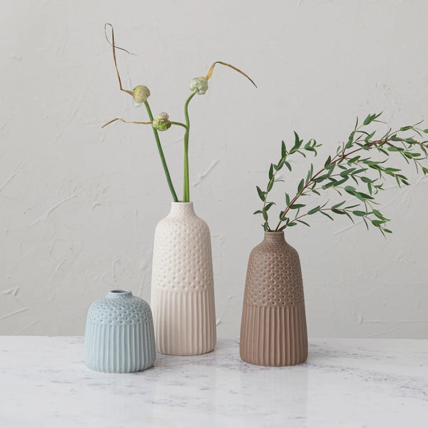 Small Debossed Stoneware Vase - Light Blue