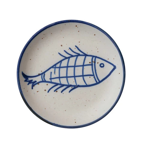 Hand-Painted Stoneware Plate with Fish