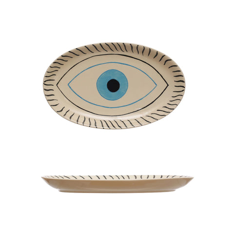 Hand-Painted Stoneware Platter w/ Evil Eye