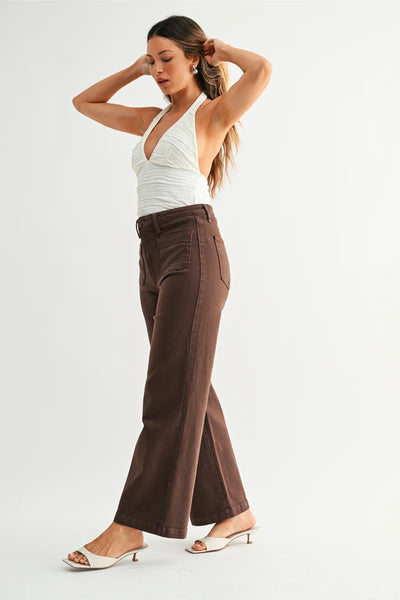 Patch Pocket Wide Leg Jeans -- Dark Brown