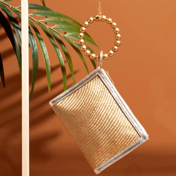 Gold Woven Straw Resort Wristlet Clutch Pouch