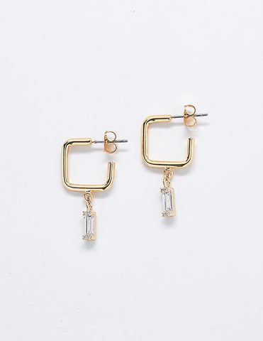 Gold Square Diamond Pave Charm Huggies