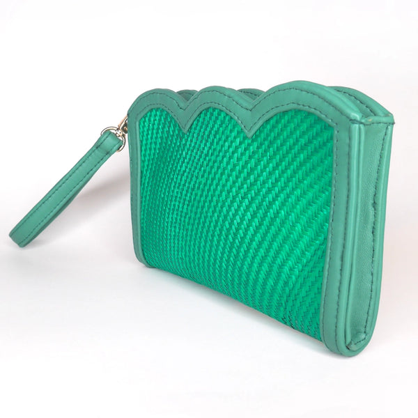 Green Scallop Edge Woven & Leather Wristlet Pouch