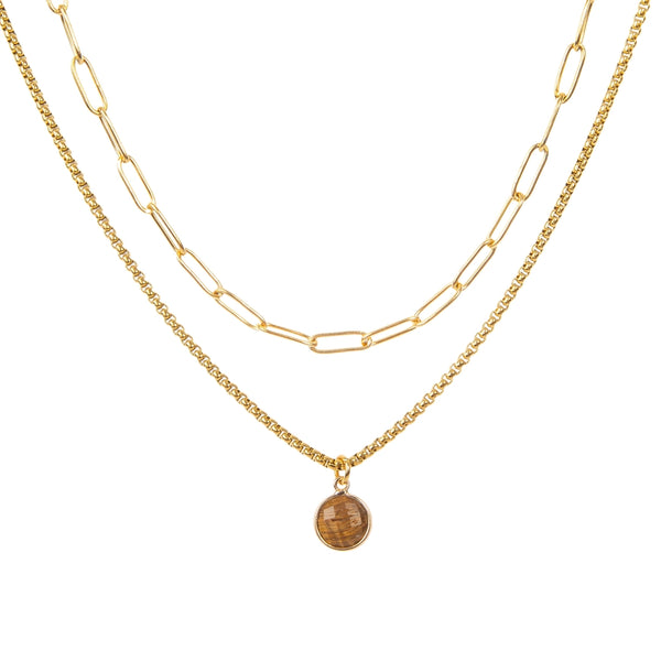 Paperclip & Tiger's Eye Stone Pendant Necklace Set