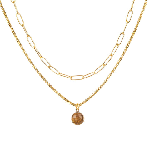 Paperclip & Tiger's Eye Stone Pendant Necklace Set