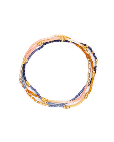 3 Miyuki Beaded Stretch Bracelets - Blue + Mustard + Salmon