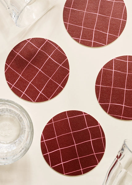 Pink and Burgundy Plaid Coaster - Set of 4