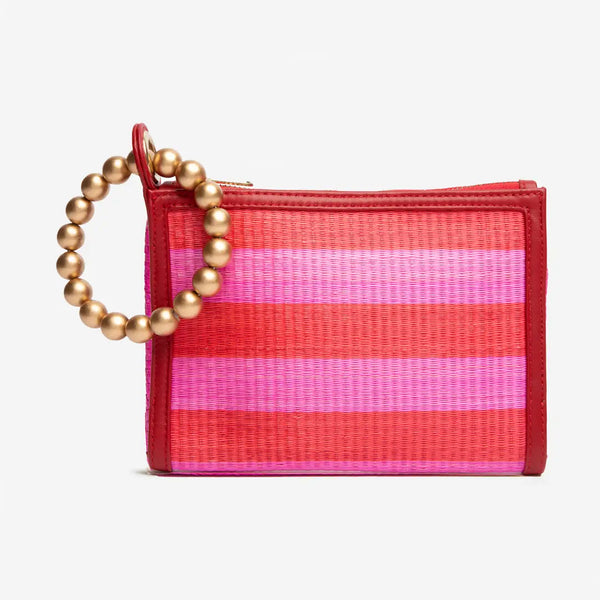 Red & Pink Stripe Woven Straw Wristlet Pouch