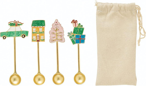 Zinc Alloy Spoons with Holiday Handle - Set of 4 with Drawstring Bag