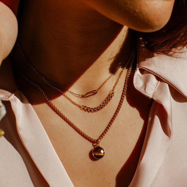 Paperclip & Tiger's Eye Stone Pendant Necklace Set