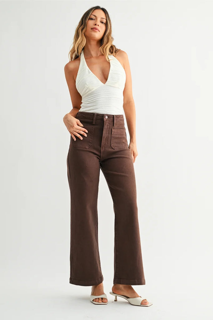 Patch Pocket Wide Leg Jeans -- Dark Brown