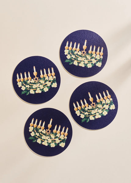 Hanukkah Floral Menorah Coaster - Set of 4