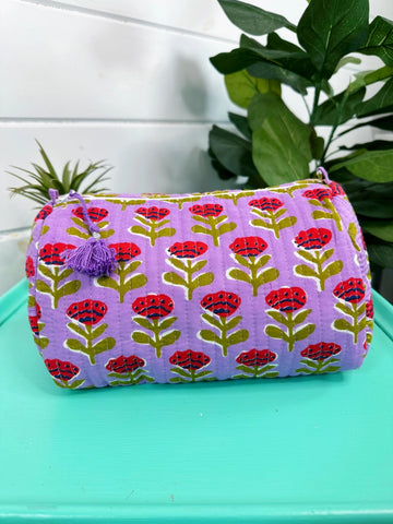 Floral Print Quilted Cosmetic Bag - Purple