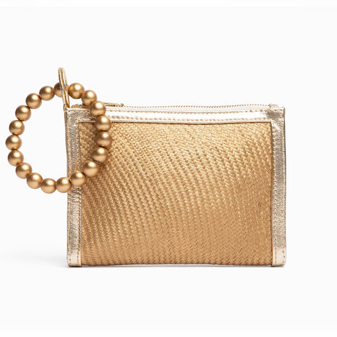 Gold Woven Straw Resort Wristlet Clutch Pouch