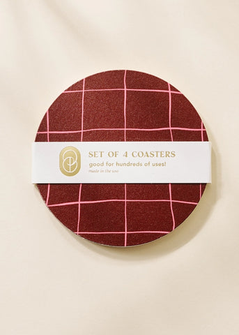 Pink and Burgundy Plaid Coaster - Set of 4