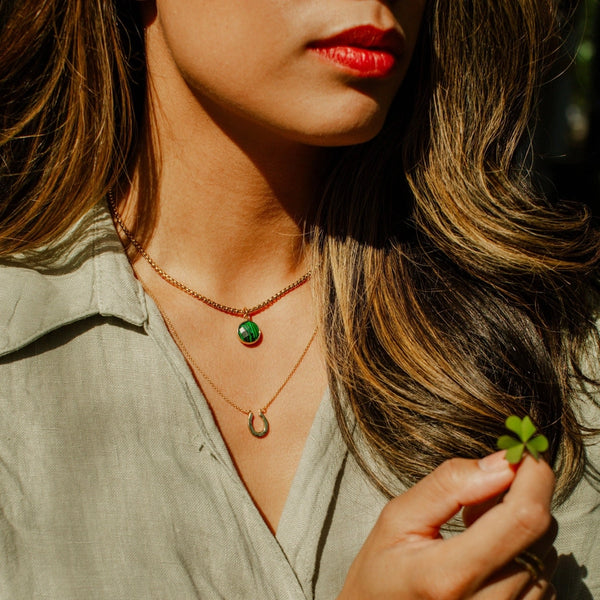Paperclip & Malachite Stone Pendant Necklace Set