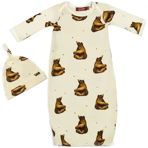Organic NB Gown/Hat Set - Honey Bear