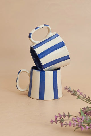 Ceramic Stripe Coffee Cup - Dark Blue