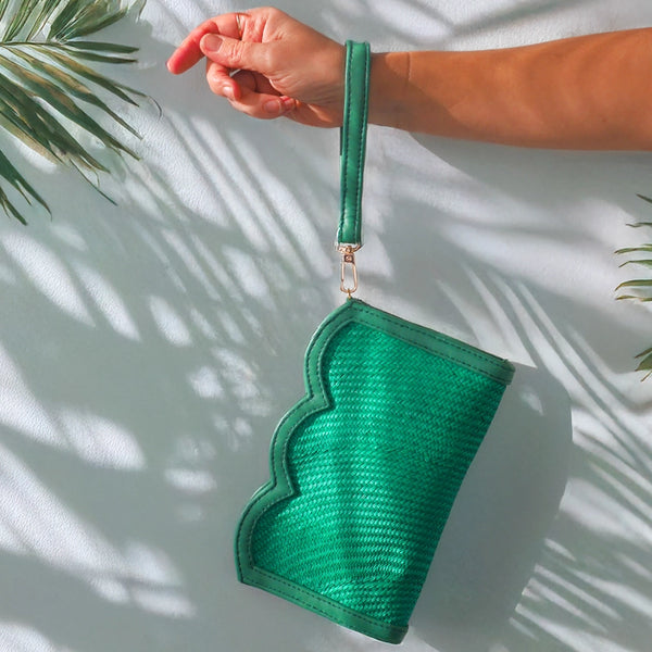 Green Scallop Edge Woven & Leather Wristlet Pouch