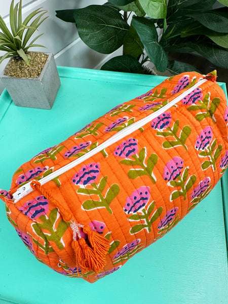 Floral Print Quilted Cosmetic Bag - Orange