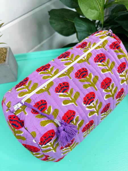 Floral Print Quilted Cosmetic Bag - Purple