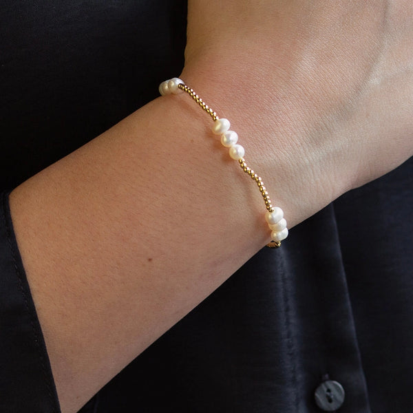 Gold Beaded Stretch Bracelet - Pearl Trio