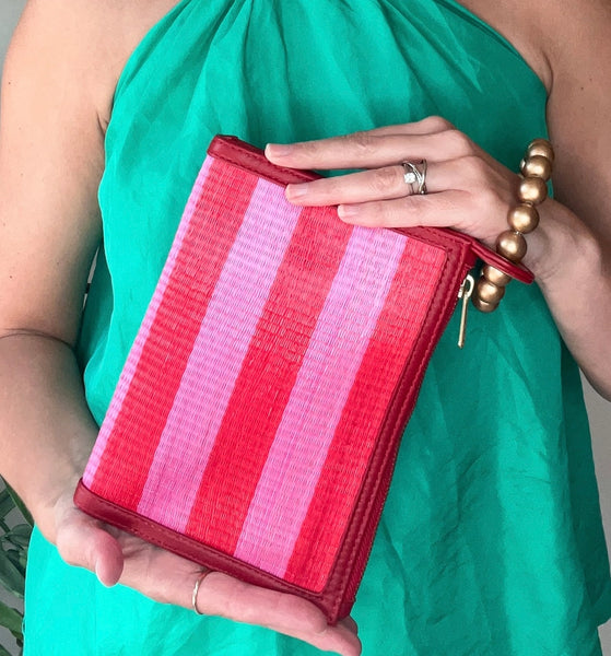 Red & Pink Stripe Woven Straw Wristlet Pouch
