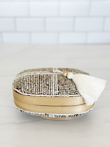 Balinese Beaded Oval Box- Taupe with White Stripes