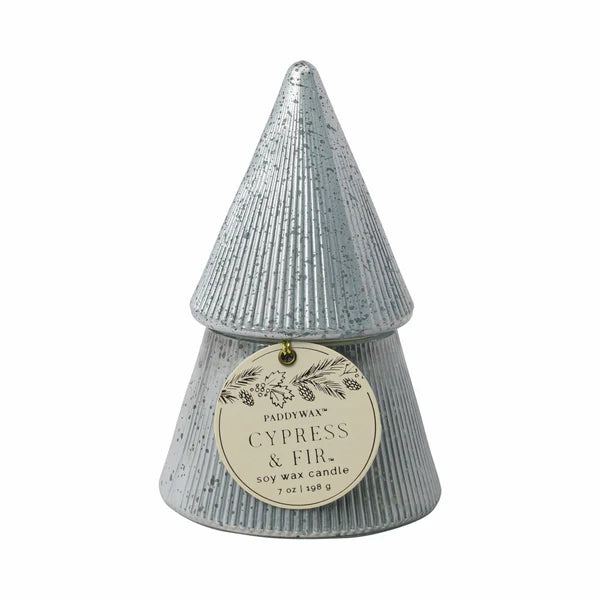 Silver Stacked Tree Candle - Cypress + Fir