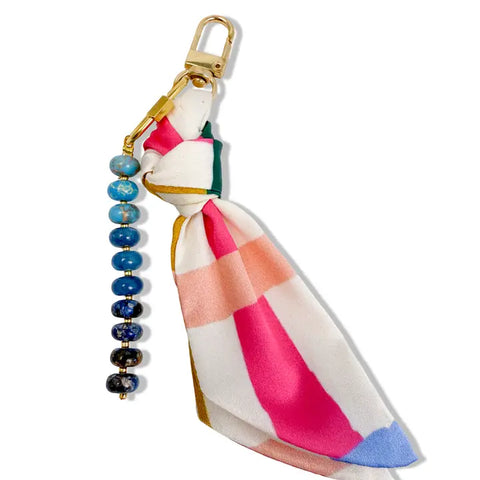 Silk and Gemstone Bag Charm - Bold Plaid