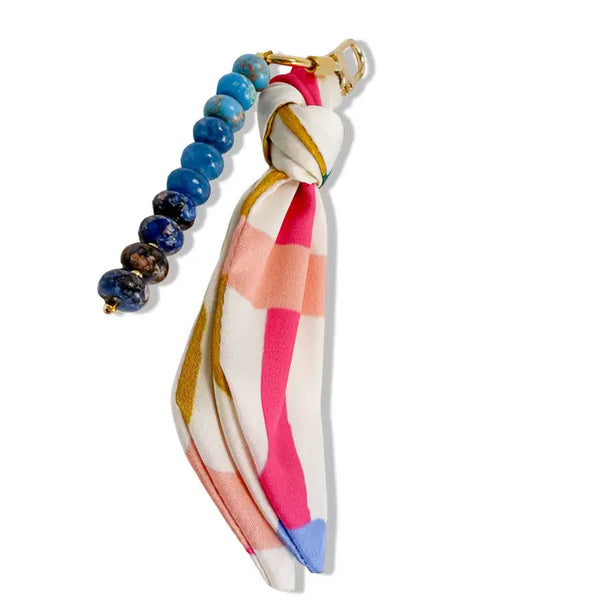 Silk and Gemstone Bag Charm - Bold Plaid