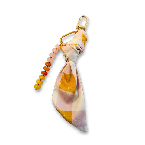Silk and Gemstone Bag Charm - Pink Plaid