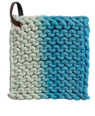 Crocheted Pot Holder w/ Leather Loop - Sky/Off-White