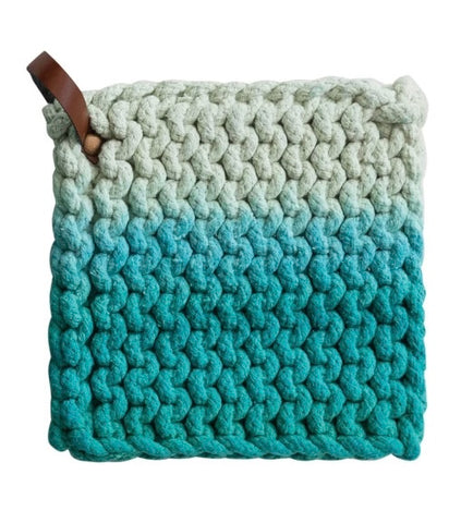 Crocheted Pot Holder w/ Leather Loop - Teal/Off-white